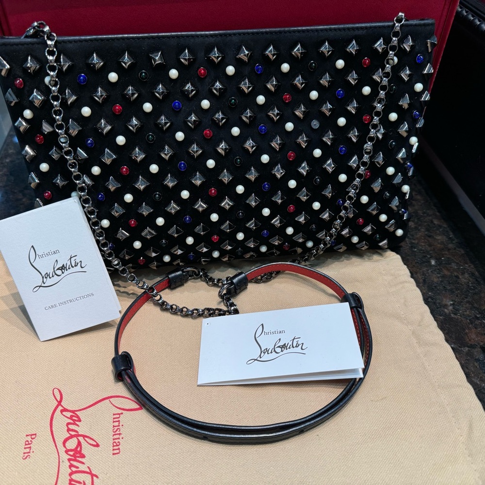 Handbags Christian Louboutin Black Suede Loubiposh Spiked Tudor Clutch Bag